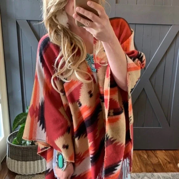 New Western Aztec Native Wrap Blanket Cardigan Sweater Ruana Women's Boho Vtg - Picture 2 of 11